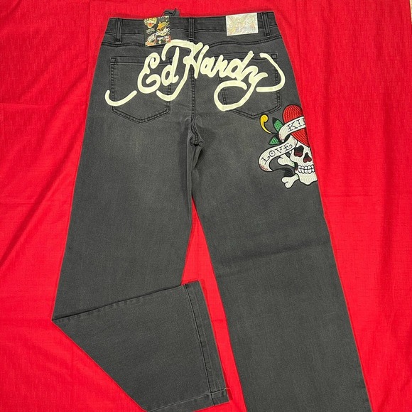 ED HARDY Women's Love Kills Slowly Black Denim Jeans 30 Wide Leg Embroidered - Picture 1 of 15